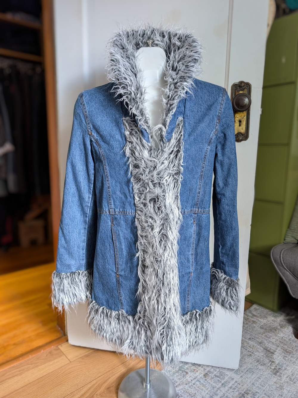 Blue Denim Coat with Grey Faux Fur Trim